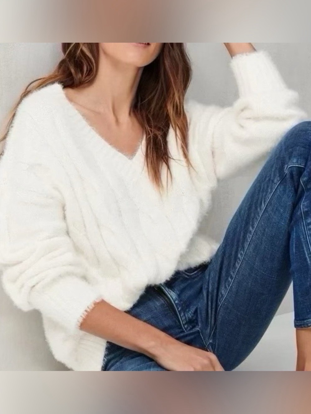 Lucky Brand Size Small White V-Neck Cable Knit Faux Fur Pullover Sweater